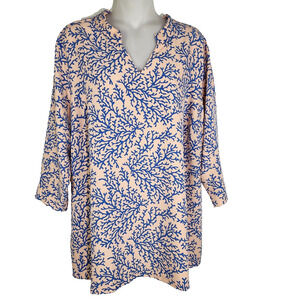 Denim & Co. Womens Printed V Neck 3/4 Sleeves Tunic Top Peach Blue Coral Size 1X